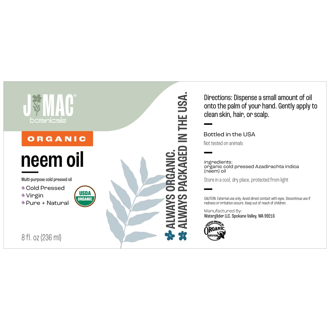J MAC BOTANICALS Organic Neem Oil for Skin (8 oz Glass Bottle NO Dropper), 100% Organic, Undiluted, Cold Pressed Neem Oil