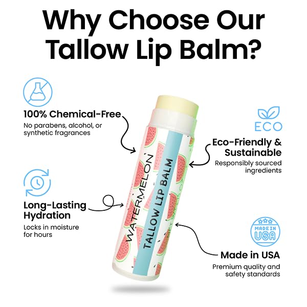 Tallow Lip Balm by Cattle Creek – All-Natural Ingredients, Long-Lasting Moisture and Hydration for Dry, Cracked, and Chapped Lips, Soothing Formula for Soft Skin (Pack of 3, Watermelon)