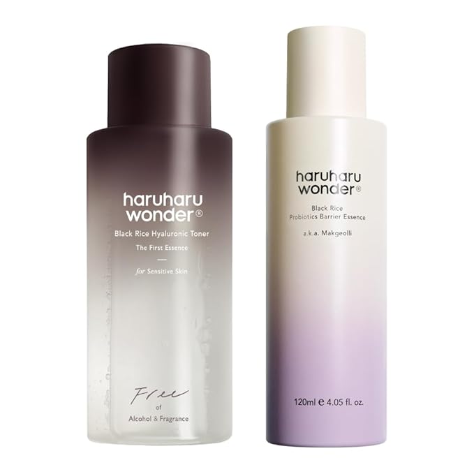 haruharu Wonder Skin Flooding Essential Set, Black Rice Probiotics Barrier Essence & Hyaluronic Toner for Sensitive Skin