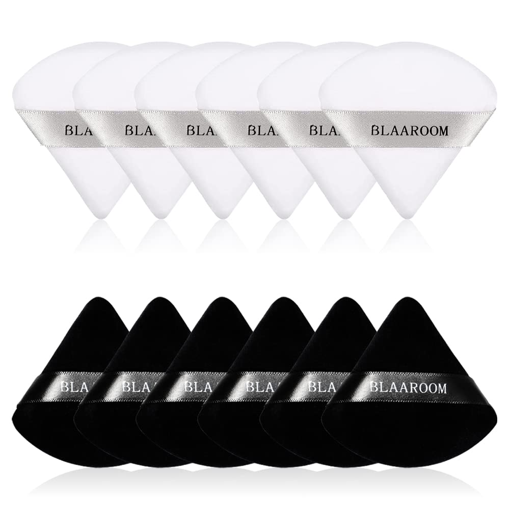 BLAAROOM 12 Pieces Velour Pure Cotton Powder Puff Face Makeup Triangle Powder Puffs for Loose Powder Wet Dry Cosmetic Foundation Beauty Sponge Makeup Tools -Black & Purple