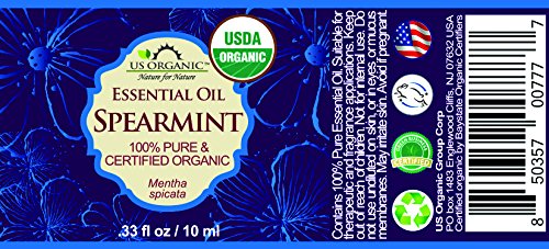 US Organic 100% Pure Spearmint Essential Oil - USDA Certified Organic, Steam Distilled - W/Euro droppers (More Size Variations Available) (10 ml /.33 fl oz)
