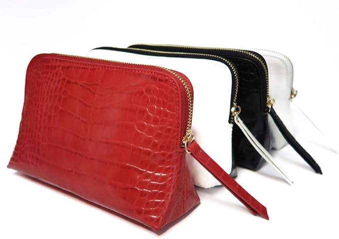 RITTZI Snow Royale Crocodile Cosmetic Bag - Luxury White Vegan Leather Makeup Bag With Royal Blue Interior Lining