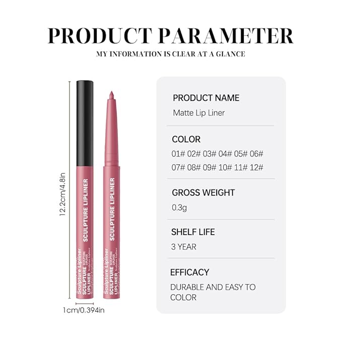 K12 Hxssll 12 Colors Matte Lip Liner Pencil – Long Lasting Waterproof Lip Liner, Smudge Proof Transfer Proof Lip Pencil, High Pigment Lip Makeup for Defining & Filling Lips (12#, 1PCS)