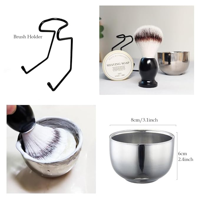 Shaving Brush Set for Men, 4pcs Shaving Set Includes Shaving Brush Shaving Soap, Steel Bowl and Razor Stand