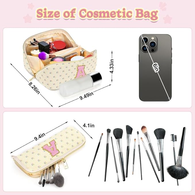 Personalized Travel Makeup Bag Set,Initial Travel Cute Floral Makeup Organizer Bag,Toiletry Skincare Cosmetic Bag,Christmas Gifts for Women/Girls,Open Flat Toiletry Pouch with Brush Pocket-O