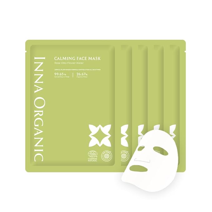 INNA ORGANIC Organic Sheet Mask - Calming & Soothing, EWG & COSMOS Certified (Pack of 5) | Green Tea & Rose Infused Skin Care | Luxury Clean Beauty