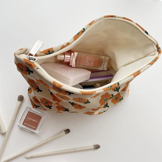 Flat Makeup Bag for Women,Zipper Cosmetic Pouch for Purse,Flower Yellow