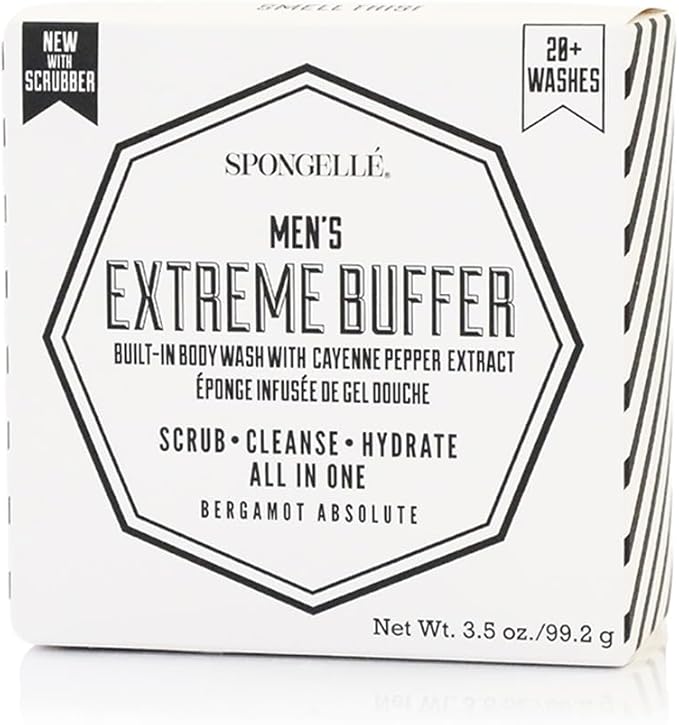 Spongellé Men's Extreme Buffer, Bergamot Absolute | 20+ Washes | Body Wash Infused Exfoliating Body Scrubber | Loofah Sponge For Men | Gift for Father's Day, Vegan, Dermatologist-Tested, Made in USA