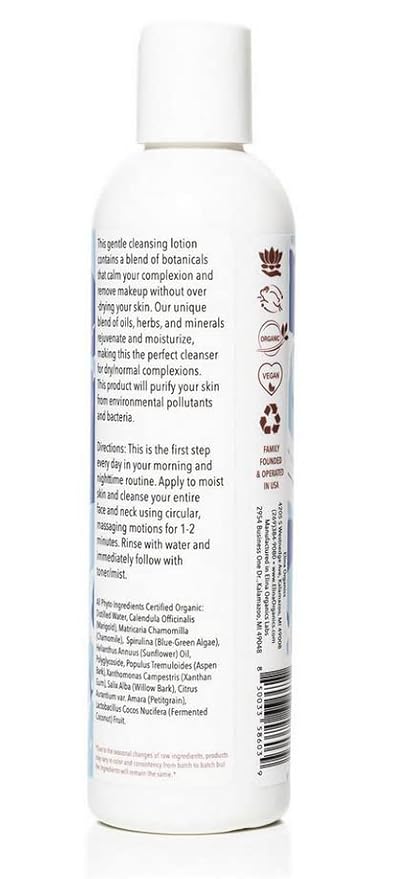 Elina Organics Botanical Cleanser, 8oz – Gentle, Hydrating Face Wash with Spirulina & Willow Bark – Organic and Vegan – Removes Makeup & Impurities – For Normal & Dry Skin