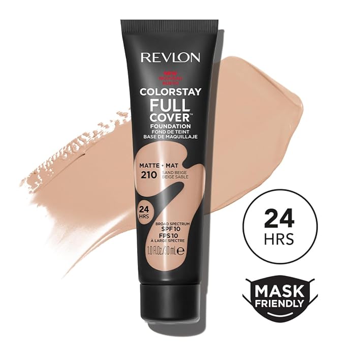 Revlon ColorStay Full Cover Longwear Matte Foundation, Heat & Sweat Resistant Lightweight Face Makeup, 210 Sand Beige, 1.0 fl oz