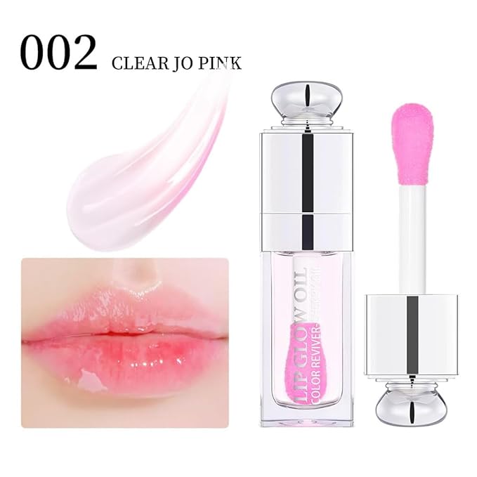 GECOMO Hydrating Lip Glow Oil, Lip Oil Gloss Transparent Toot Tinted Nourishing Long Lasting Repairing Lightening Lip Lines (CLEAR TO PINK) 0.2 OZ