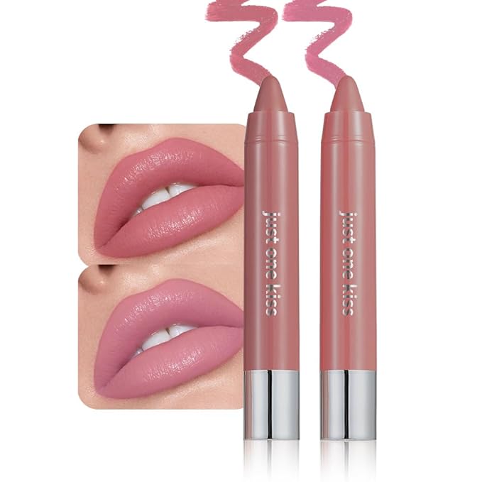 mekuel 2Pcs Soft Pink Nude & Brown Hydrating Cream Lipsticks Lip Crayon for Women, Natural Non Sticky Lipstick Lip Liner Crayon Set, Creamy Lips Stick Moisturing Nourishing Lips Balm Stick Set, B