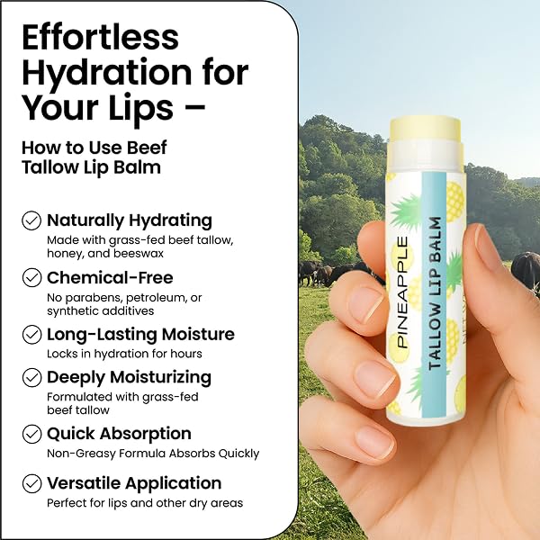 Tallow Lip Balm by Cattle Creek – All-Natural Ingredients, Long-Lasting Moisture and Hydration for Dry, Cracked, and Chapped Lips, Soothing Formula for Soft Skin (Pack of 3, Pineapple)
