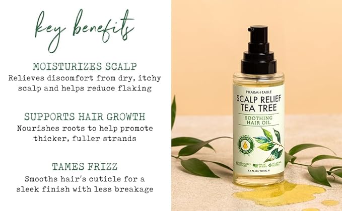 PHARM TO TABLE Tea Tree Hair Oil for Itchy Scalp - Infused With Tea Tree Oil, Mint, Vitamin E, and Jojoba Oil, 100ml