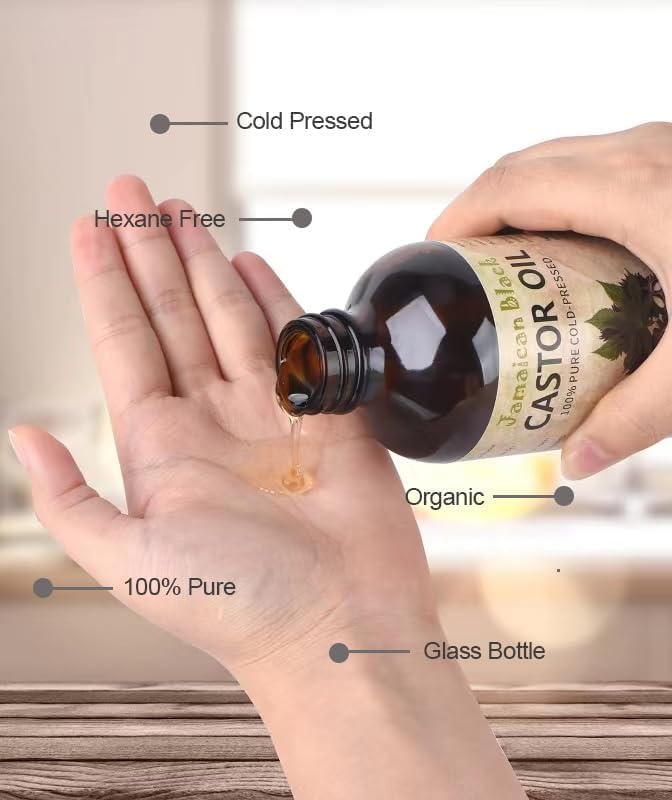 VRJEUGO Jamaican Black Castor Oil, Organic Castor Oil Cold Pressed Unrefined Glass Bottle,Rich in Vitamin E, Omega Fatty Acids and Minerals for Hair & Skin, Bold Lashes & Brows, Nail Care 16OZ