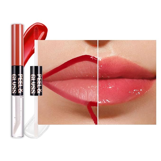 JUAAZIN Lip Stain Peel Off Lip Gloss oil Dual-Ended Combo, Vivid Burgundy Lips Liner Stain Peel Off Tattoo, Long Lasting & Waterproof, Transfer-Proof Lip Tint Stain with Lip oil for All Skin Type 04#