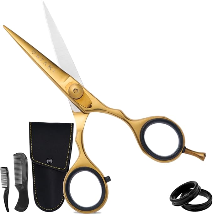 Ontaki Beard & Mustache Scissors & Combs - 5.5" Japanese Steel, Gold Brass