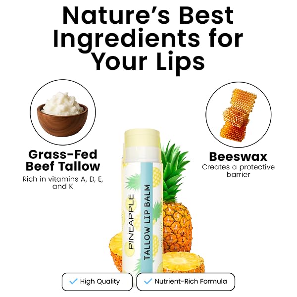 Tallow Lip Balm by Cattle Creek – All-Natural Ingredients, Long-Lasting Moisture and Hydration for Dry, Cracked, and Chapped Lips, Soothing Formula for Soft Skin (Pack of 3, Pineapple)