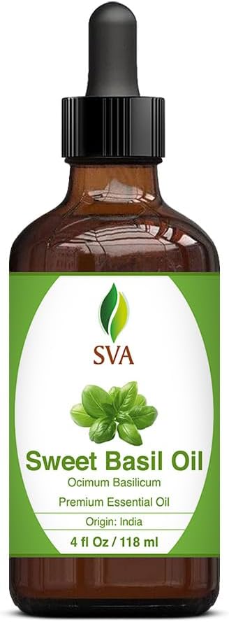 SVA Sweet Basil Essential Oil, Glass Bottle with Dropper, 4 Fl Oz (118 ml)