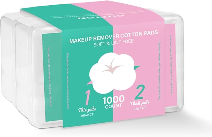 ICOTLE Square Makeup Cotton Pads, 200 Thick and 800 Ultra-Thin Soft, Lint-Free Pads for Makeup Removal, Toner Application and Daily Skincare
