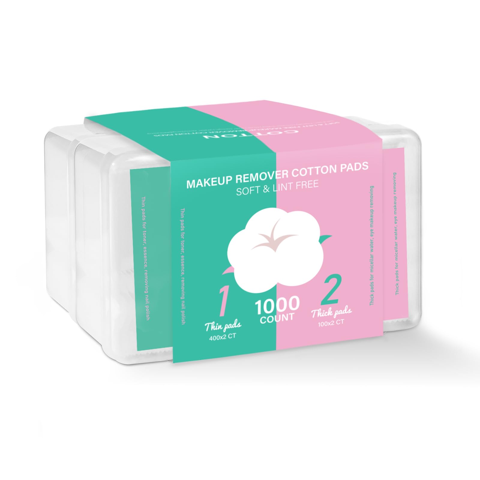 ICOTLE Square Makeup Cotton Pads, 200 Thick and 800 Ultra-Thin Soft, Lint-Free Pads for Makeup Removal, Toner Application and Daily Skincare