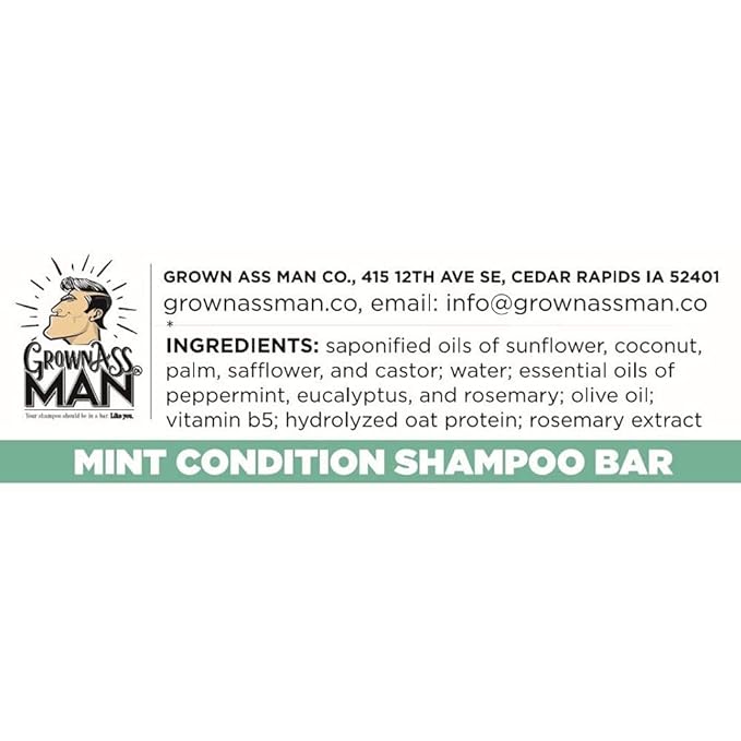 Grown Ass Man Co. - Solid Shampoo Bar Rich Lather 3 in 1: Hair, Beard & Body Wash - Plastic Free & Eco-Friendly, Natural & Organic Clean for All Hair Types, 4oz Bar (Mint Condition, 3-Pack)