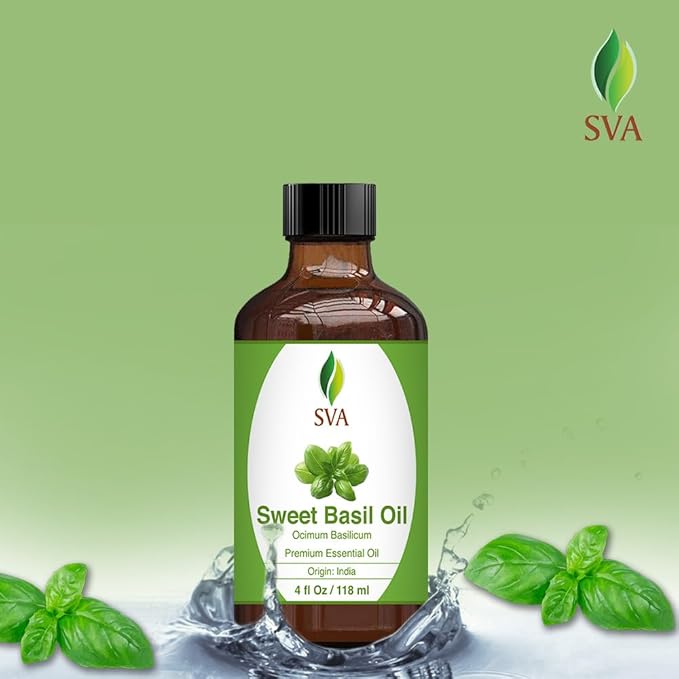 SVA Sweet Basil Essential Oil, Glass Bottle with Dropper, 4 Fl Oz (118 ml)