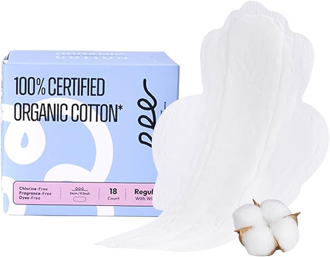 RPE Life 100% GOTS Organic Cotton Period Pads with Wings, Size 3, 18 Count