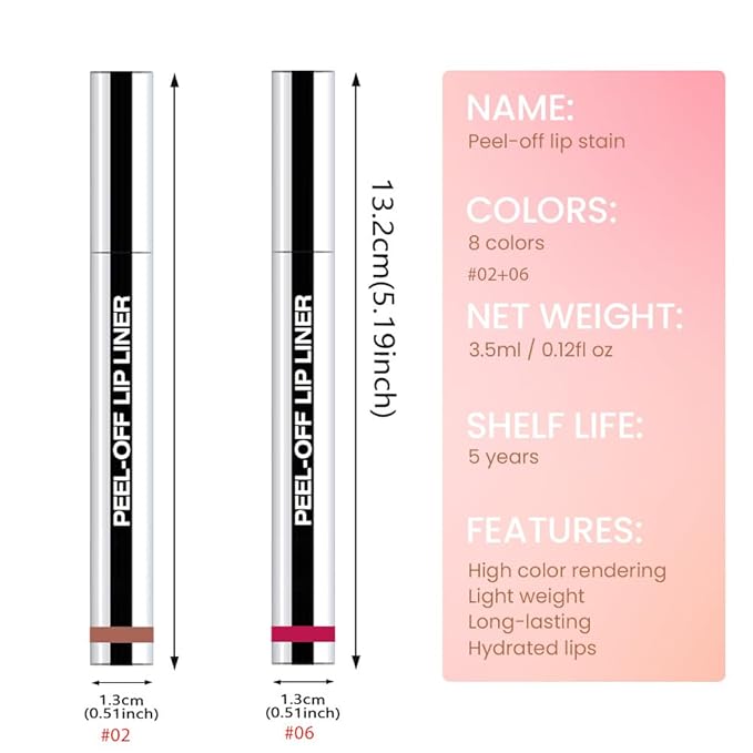 Hxssll 2 Pcs Matte Liquid Lip Stain Peel Off Lip Liner, Long Lasting Lip Tattoo, Waterproof & Transfer-Proof Lip Liner Peel Off Lip Gloss for All Skin Types. 0.12 fl oz #02+#06