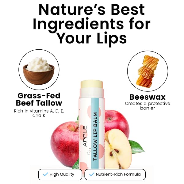 Tallow Lip Balm by Cattle Creek – All-Natural Ingredients, Long-Lasting Moisture and Hydration for Dry, Cracked, and Chapped Lips, Soothing Formula for Soft Skin (Pack of 3, Apple)