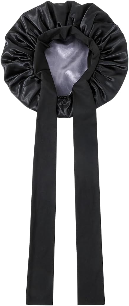 GDTOGRT Satin Silk Bonnet for Sleeping Women, Double Layer Sleep Hair Bonnets Caps for Curly Natural Hair with Tie Band - Black
