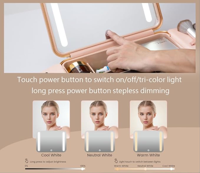 ZhenGuiRu Makeup Case with LED Lighted Mirror, 11.5''x 8.7'' Portable Travel Makeup Organizer, Toiletry Storage Makeup Bag Gift for Lady, DIY Dividers Makeup Box with 5X Magnifying Mirror (Pink)