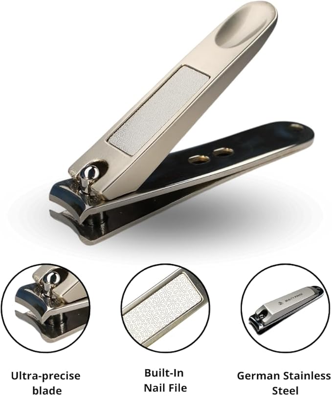 Beauty Power Manicure Pedicure Set 7-in-1 Stainless Steel, Ultra Sharp, Slanted Nail Clipper, Fingernail Clipper, Cuticle Nipper, Glass Nail File, Eyebrow Tweezers, Scissors, Case - Gift Idea - Gray