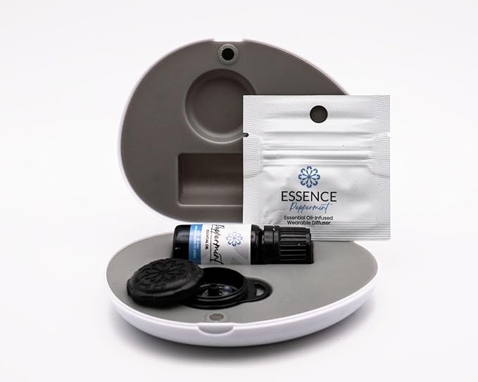 Essence Pearl Travel Case | Peppermint Essential Oil | Aromatherapy Nasal Diffuser & Essential Oil Carrying Case | Invigorating Peppermint Scent | Travel-Friendly Kit | Black Pod