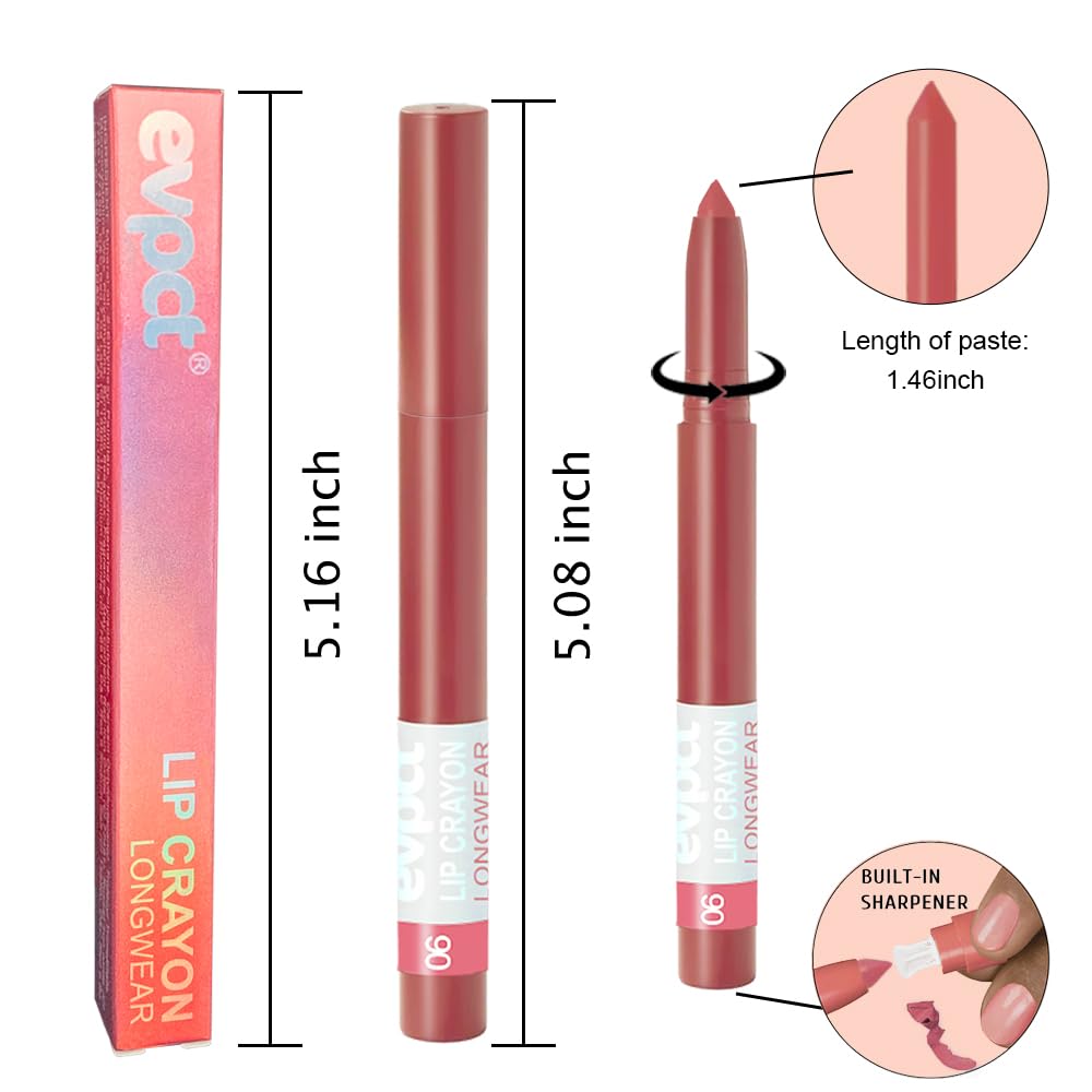 evpct Red Brown Lip Liner Crayon Pencils Set for Women, Matte Lip Stick Crayon Long Lasting, Lips Pencil Liner and Lipstick set, Lipliner Pencil, 24 Hours Long Wearing Lipstick, Built-in Sharpener 06