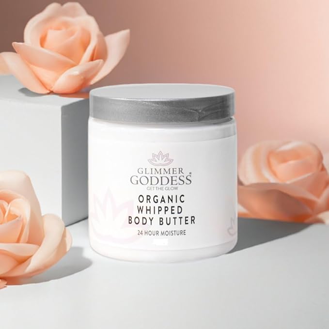GLIMMER GODDESS Organic Whipped Body Butter Cream - with Shea & Cocoa Butter, Almonds & Coconut Oil - Lavender, 8oz