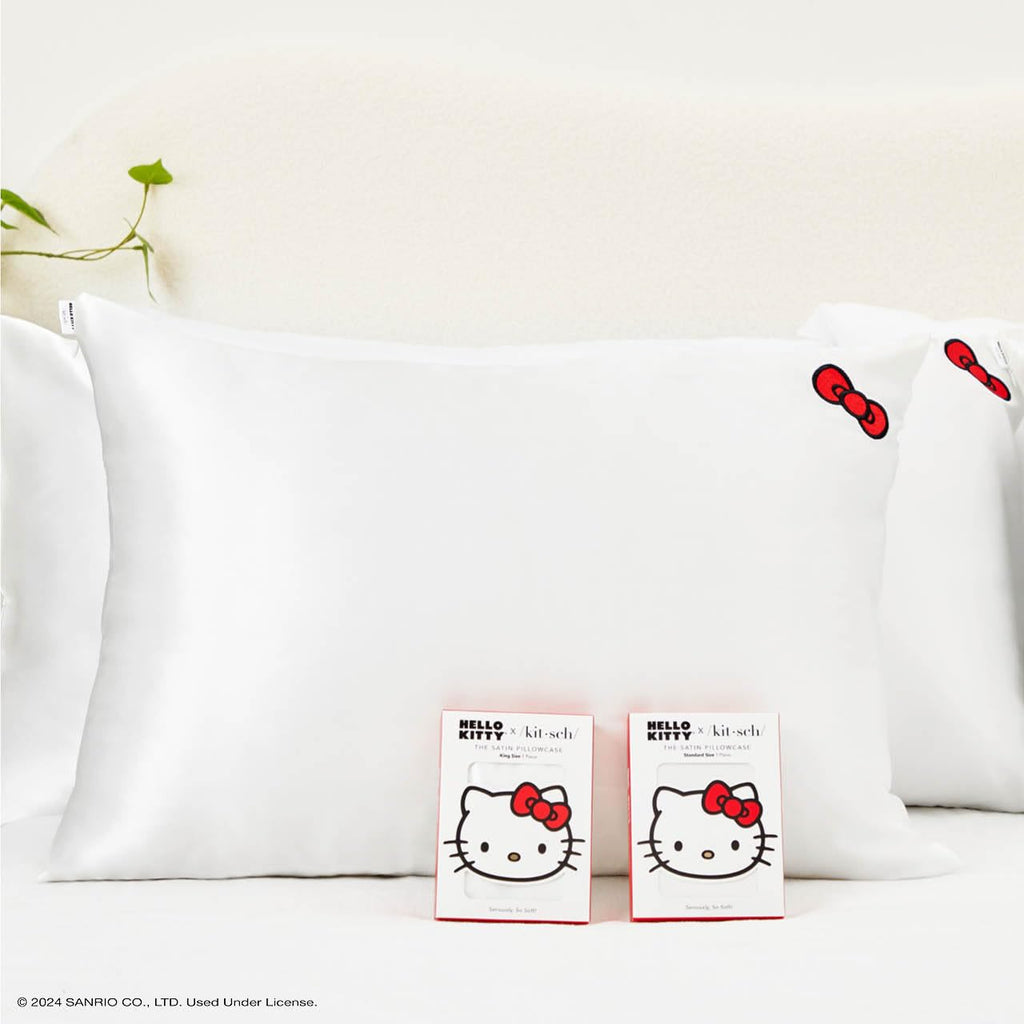 Kitsch x Hello Kitty Satin Pillowcase - Size 19x36, Solid Ivory Kitty Bow