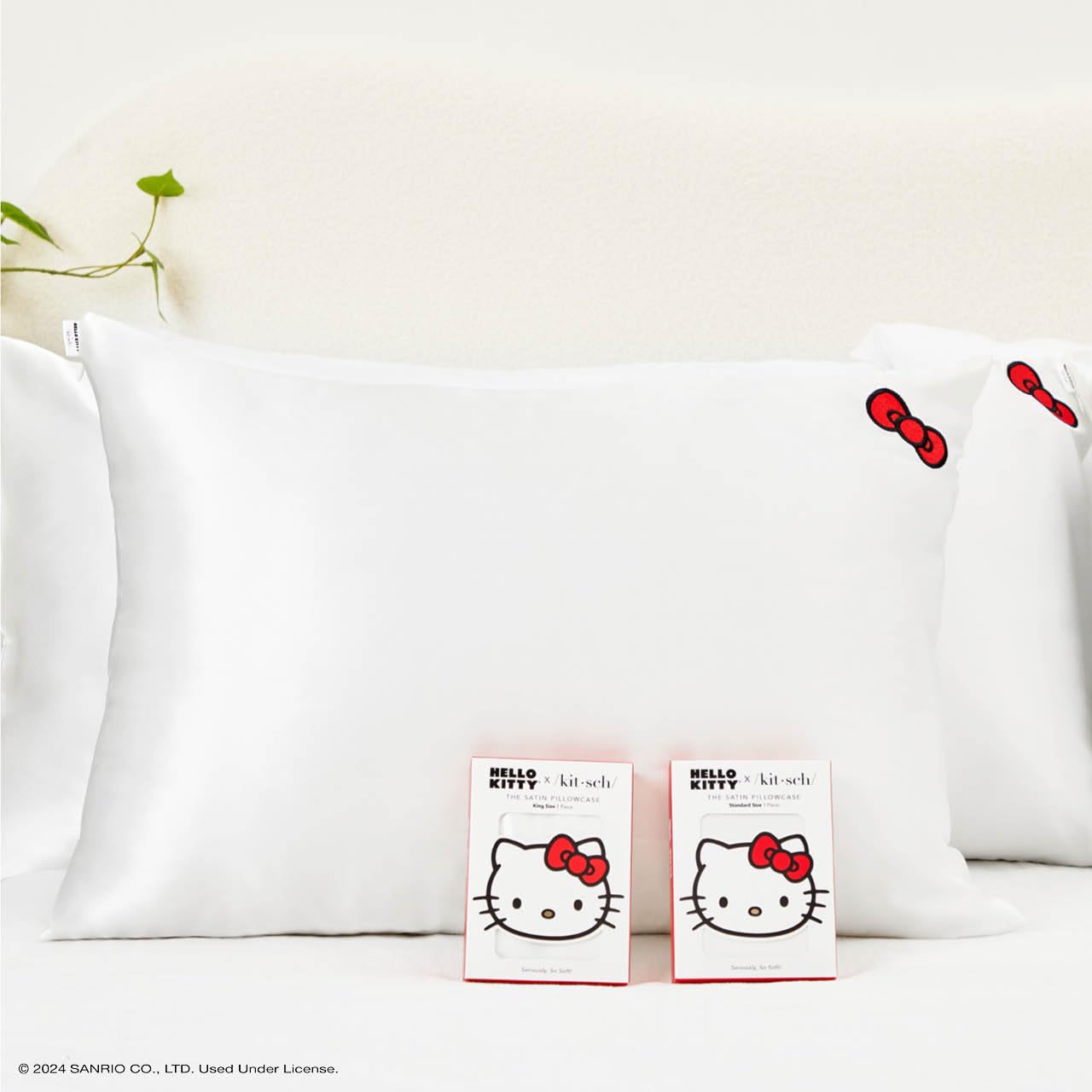 Kitsch x Hello Kitty Satin Pillowcase - Size 19x36, Solid Ivory Kitty Bow