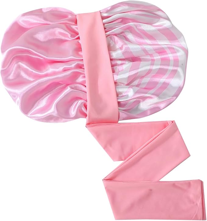 GDTOGRT Satin Silk Bonnet for Sleeping Women, Double Layer Sleep Hair Bonnets Caps for Curly Natural Hair with Tie Band - Pink Stripe