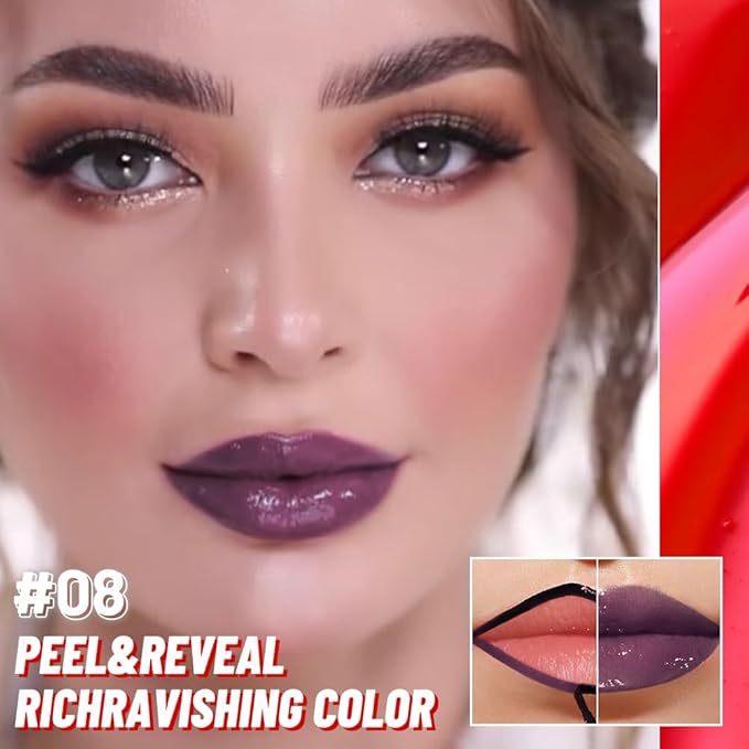 JUAAZIN Lip Stain Peel Off Lip Gloss oil Dual-Ended Combo, Deep Berry Lips Liner Stain Peel Off Tattoo, Long Lasting & Waterproof, Transfer-Proof Lip Tint Stain with Lip oil for All Skin Type 08#