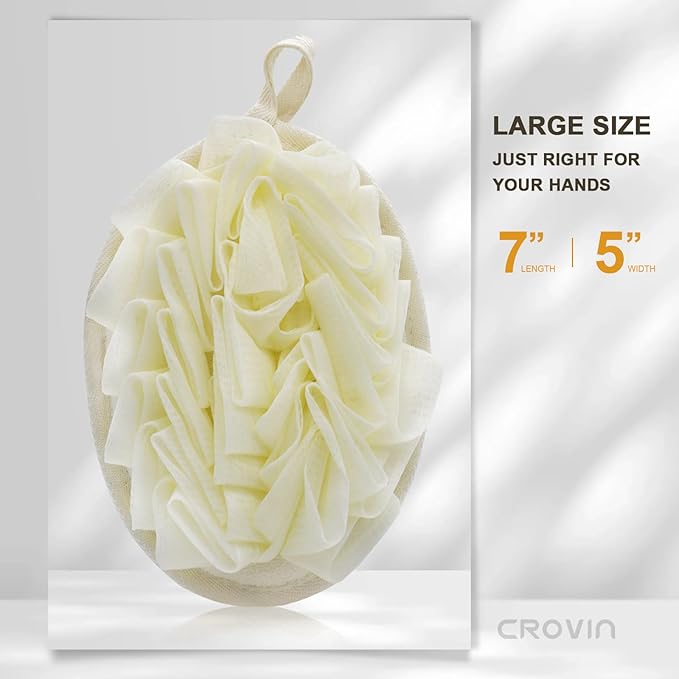 Crovin Bath Puff Shower Sponge - Premium Large 5x7 Exfoliating Pouf Mesh Sponge - 2 Count Loofahs Shower Scrubber for Men and Women-Elastic Hand Strap Body Scrub to Soothe, Cleanse Your Body