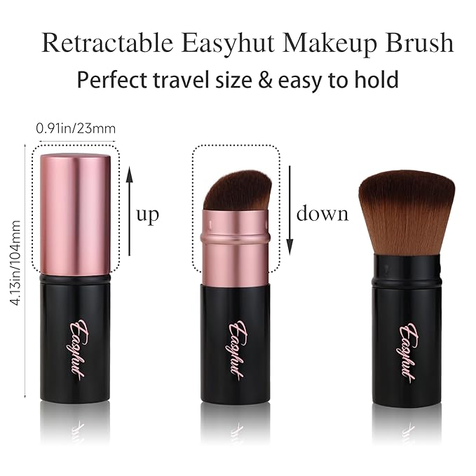 Easyhut Retractable Kabuki Makeup Brushes 2 Pcs Blush Brushes Set Portable Powder Brushes with Flat and Angled Top for Liquid Cream Girls Cosmetics Travel, Large/1.18inch, Rose Gold