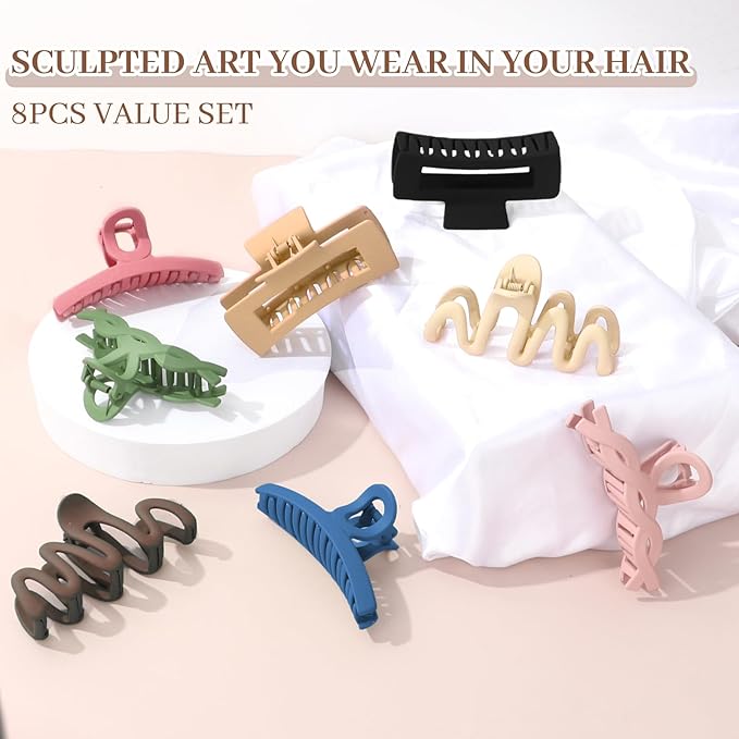 Matte Non-Slip Large Hair Clips for Women 8-Pack (Eight Unique Colors)
