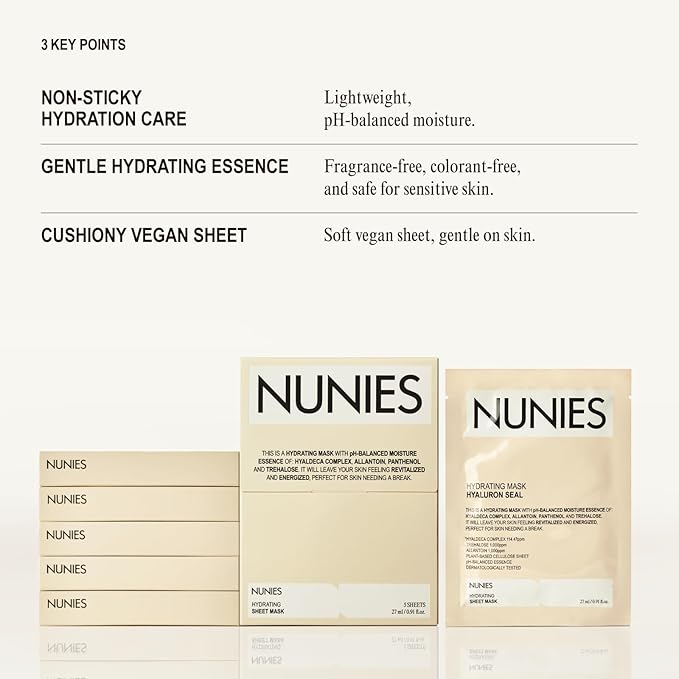 NUNIES Hyaluronic Hydrating Sheet Mask – Korean Moisturizing Face Mask for Dry & Sensitive Skin | Trehalose, Allantoin & Panthenol | Water Essence | Korean Skincare | Fragrance-Free | 5 Sheets