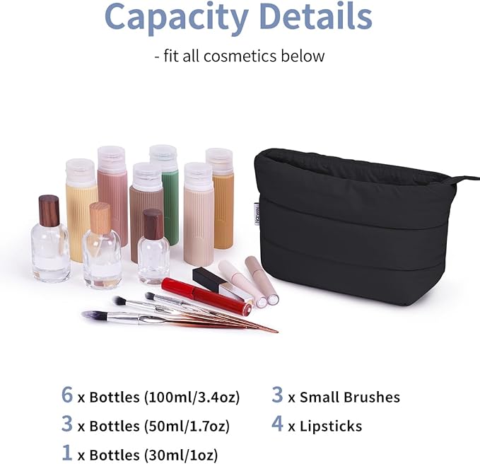 Narwey Black Travel Makeup Bag Women Girl, Cute Makeup Cosmetic Pouch, Puffer Makeup up Organizer Bag, Travel Toiletry Bag (Black)