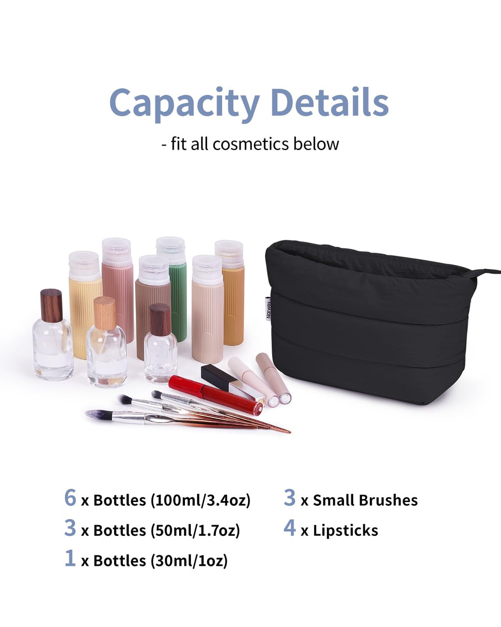 Narwey Black Travel Makeup Bag Women Girl, Cute Makeup Cosmetic Pouch, Puffer Makeup up Organizer Bag, Travel Toiletry Bag (Black)