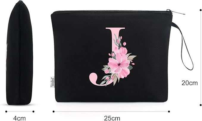 Vavabox A-Z Personalized Makeup Bag, Birthday Gifts for Women Mom, Gifts for Best Friend, Bride Bridesmaid Cosmetic bag (J, 02-Black)