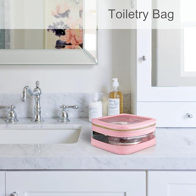 Yeeits Clear Makeup Bag Travel Size Toiletry Bag Organizer Case Quality PU Leather Transparent Small Cosmetic Bag Car Bag for Essentials with Durable Zipper (Pink)