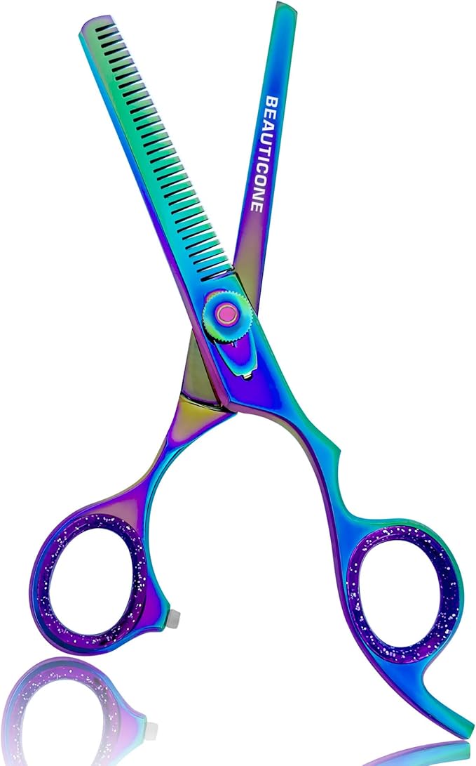 BEAUTICONE Professional Hair Thinning Scissors – Barber Texturizing Shears with Stainless Steel Teeth Blade, Leather Pouch Included, Salon Thinning Shears for Men & Women, Multi