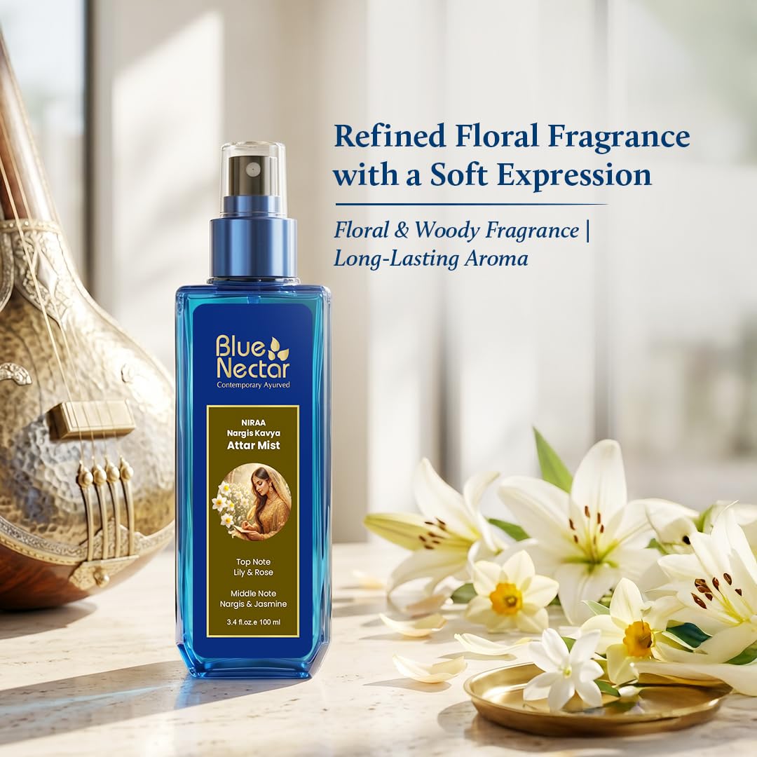 Blue Nectar Niraa Nargis Kavya Attar Mist | Perfume Mist for Women & Men | Long-Lasting Nargis Attar with Lily, Rose & Jasmine | Floral Body Mist Spray | Travel-Friendly (3.38 Fl Oz)